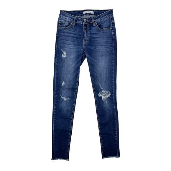 Kancan Jean Skinny Fit Dark Blue Distressed Raw Hem Stretch Jean Women's Size 25 - Picture 1 of 6